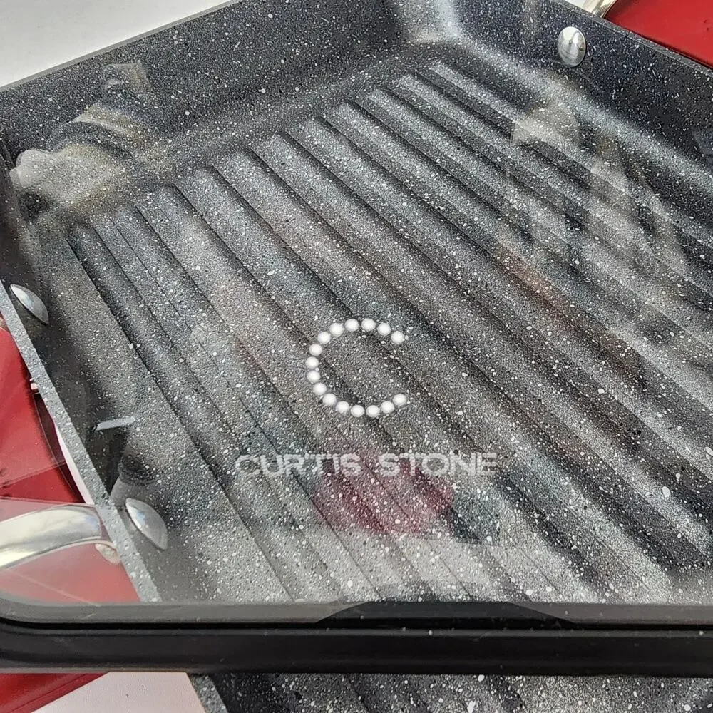 Curtis Stone Griddle Pans Smooth & Ridged (2) Silicon Handle Covers W/Lid 11 x 8